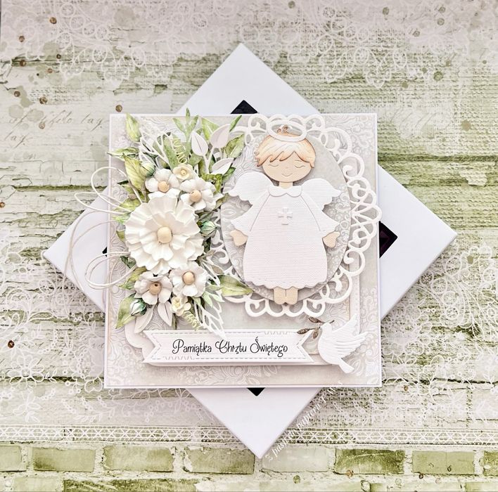 Piękna Pamiątka Chrztu Świętego, kartka ręcznie robiona w pudełku