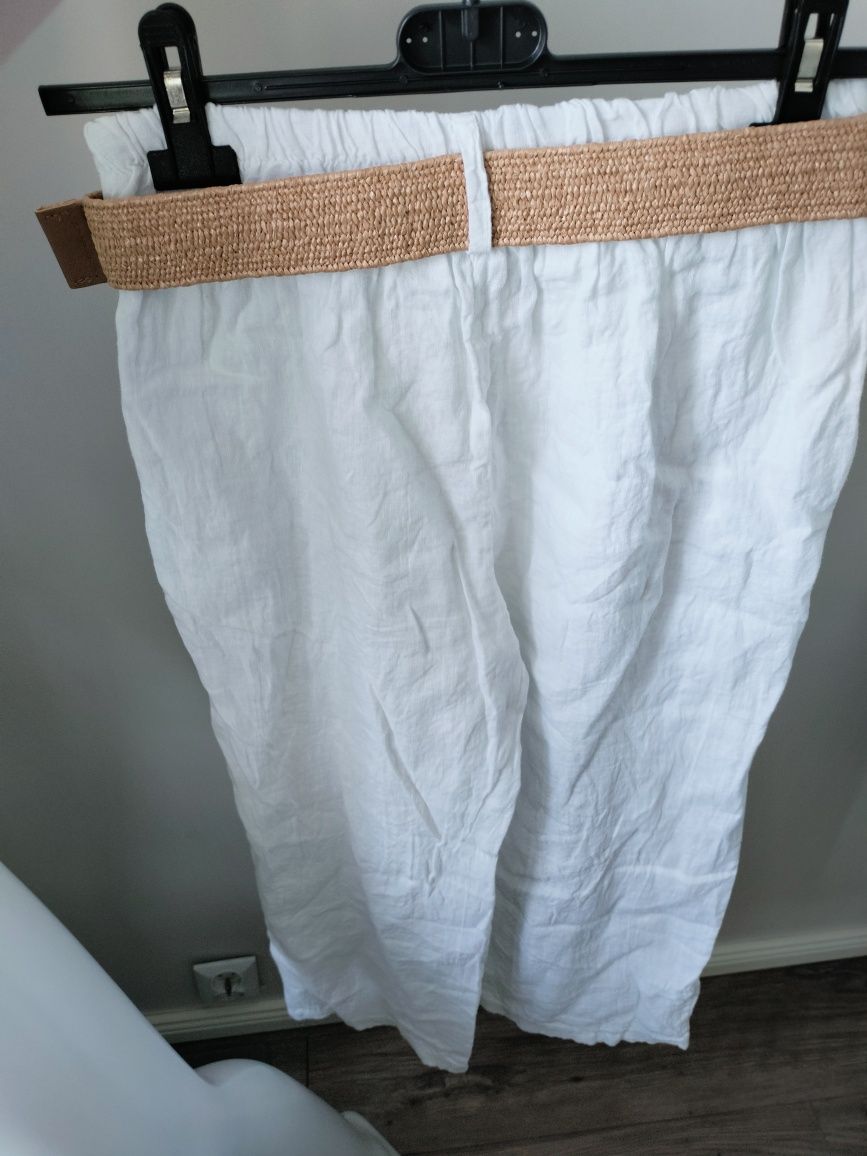 Spodnie 7/8 białe 100% Len Puro Lino pasek parciany r.uni S-L