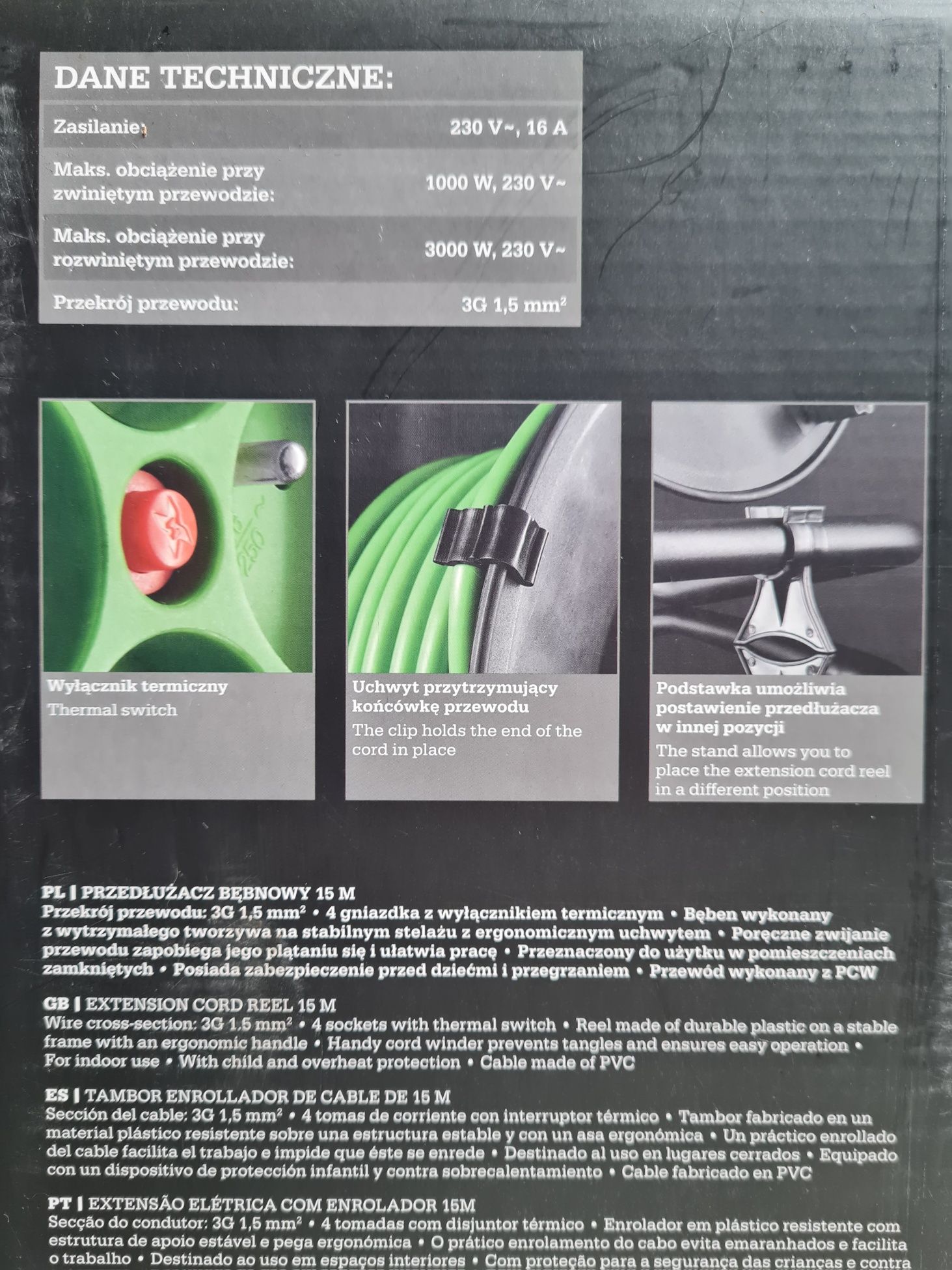 Przedłużacz bębnowy 15m 3x1.5 mm z wyłącznikiem termicznym nowy