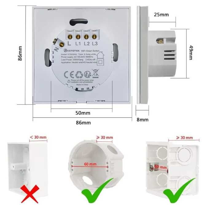 Inteligentny przełącznik światła WIFI biały 3-kanałowy KETOTEK