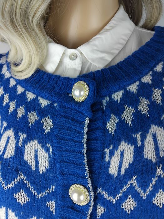 Wełniany kardigan vintage norweski wzór świąteczny sweter alpaka wełna