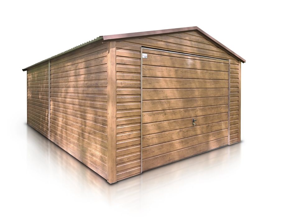 Garaż blaszany pojedynczy 4x6 drewnopodobny - Dach dwuspadowy, Brama u