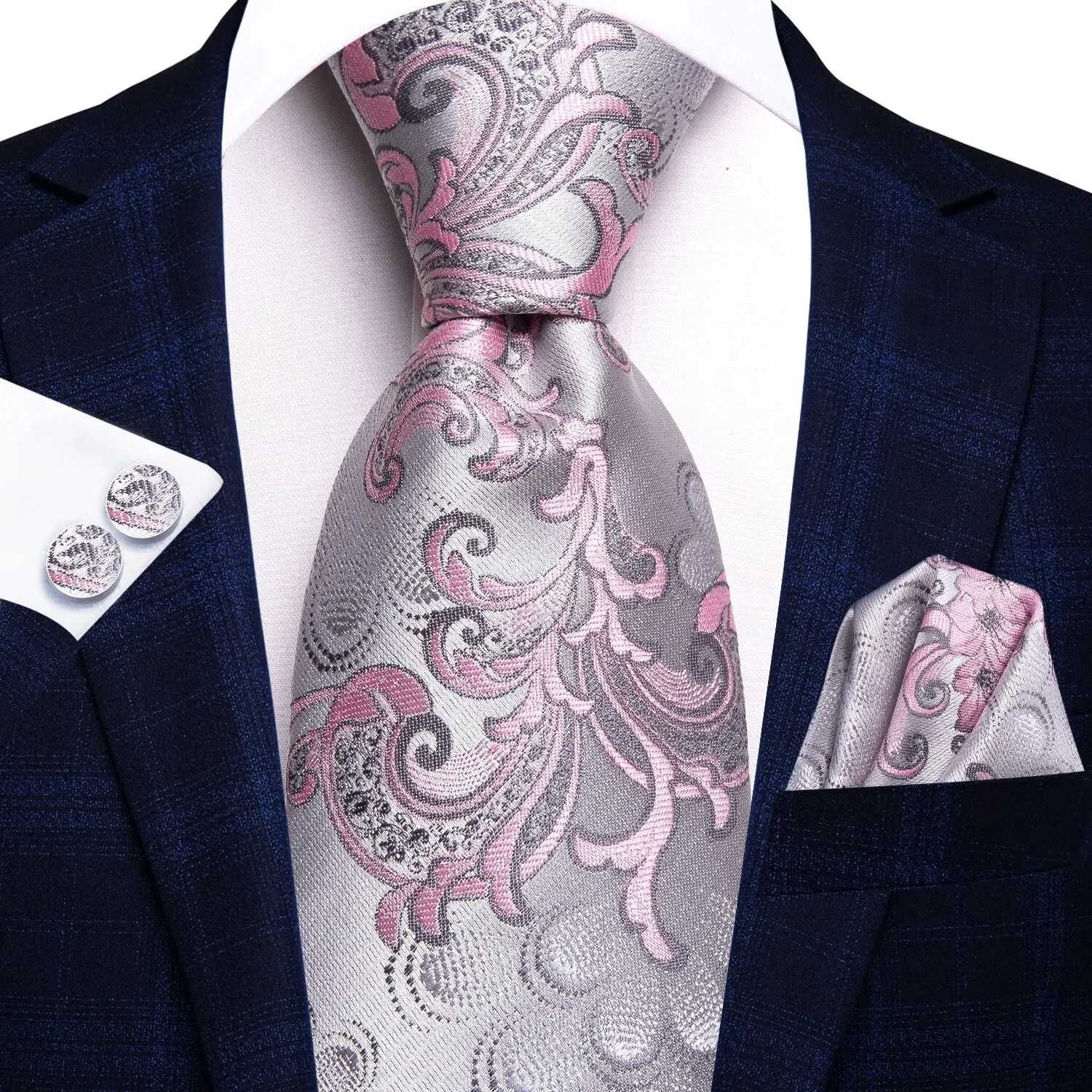 Krawat poszetka NOWY KOMPLET srebrny spinki różowy