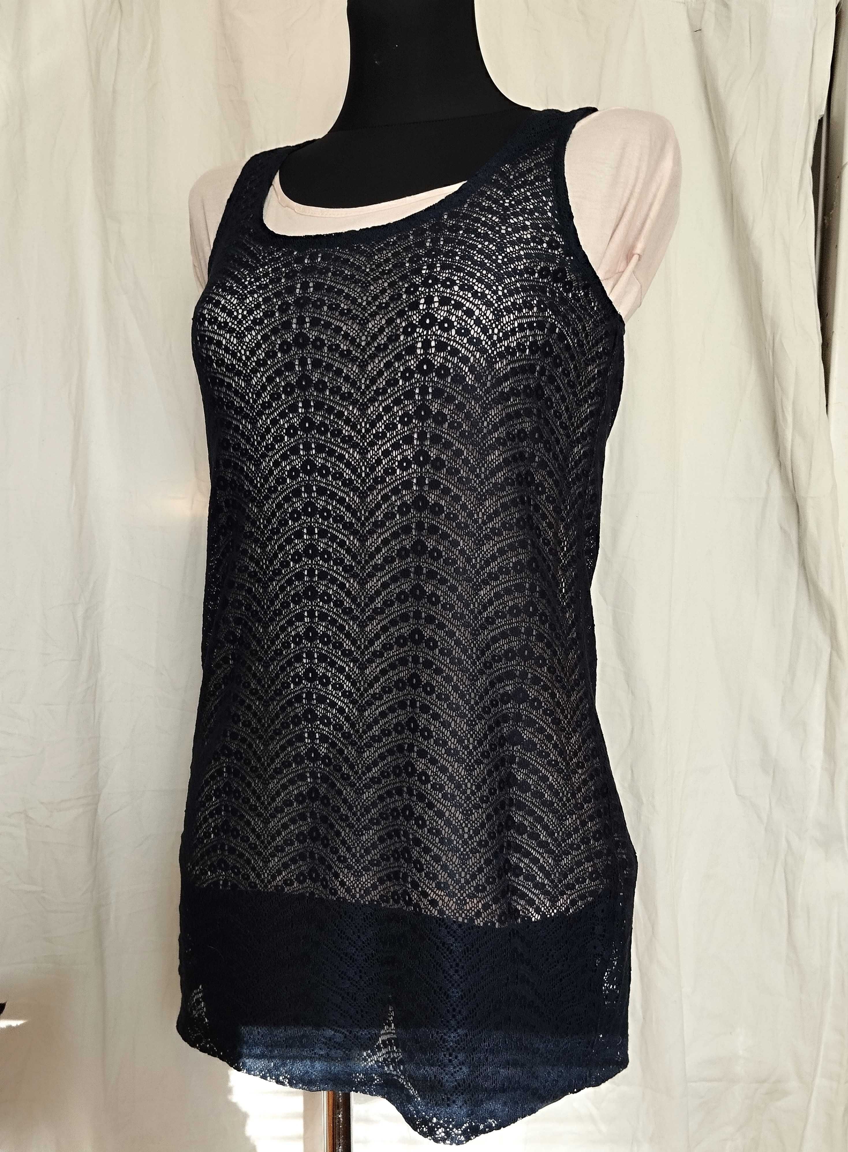 granatowy top koronkowy xl bez rękawów transparent ażurowy goth elegan