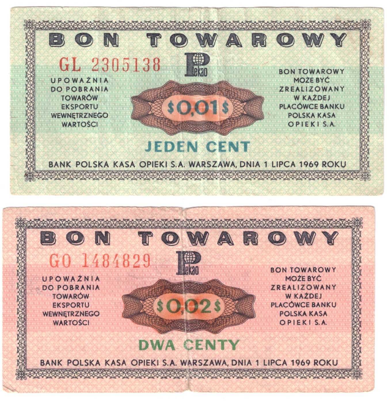 Pewex, banknoty 1-2 centy 1969 (2 szt.)