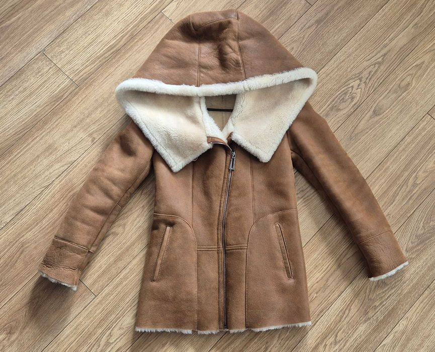 Kożuch damski rozm. S ciepły, duży kaptur Pilotka skóra owcza
