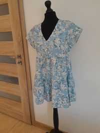 Niebieska w kwiaty tunika M 38 krótka sukienka