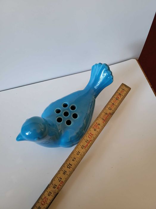 Ceramiczny niebieski gołąb, wazonik, retro dekoracja domu