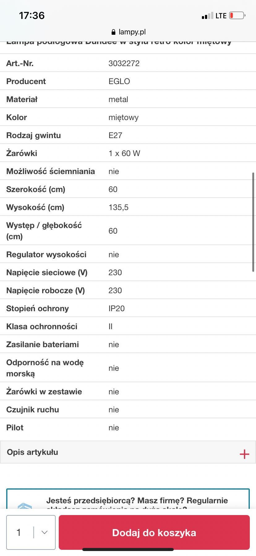 lampa stojąca podłogowa EGLO miętowa