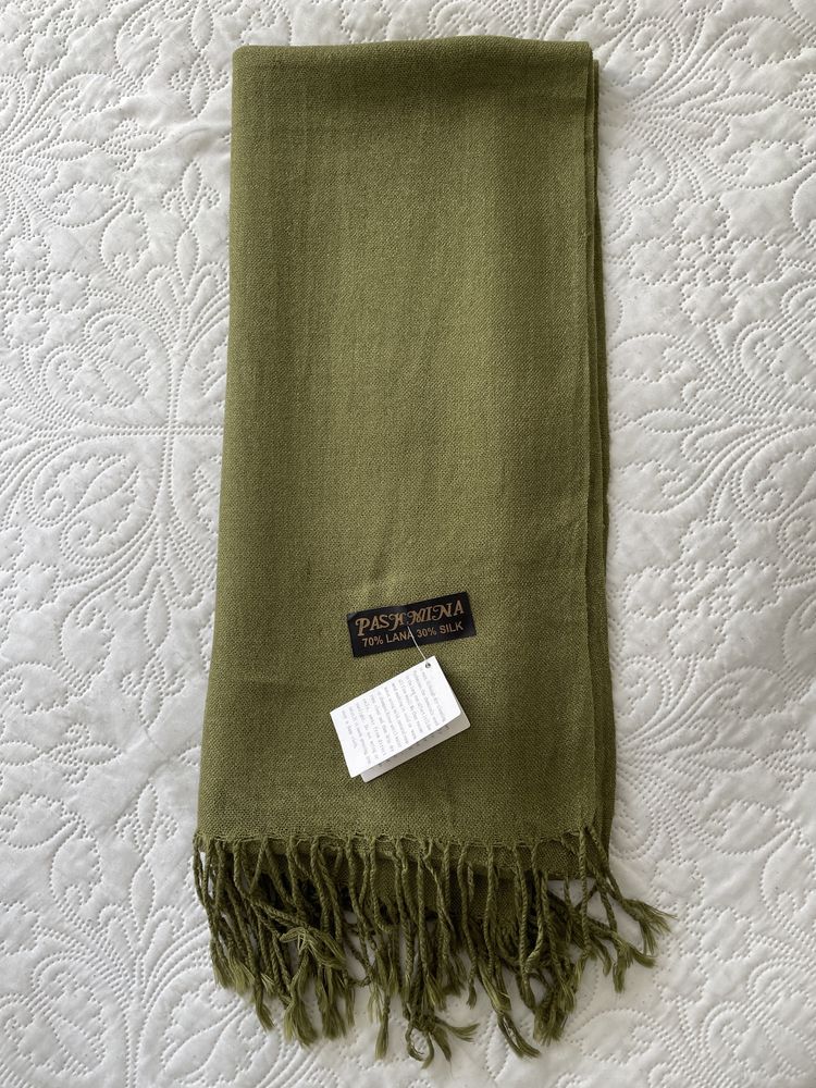 Pashmina szal zieleń khaki 70% welna 30% jedwab nowy z metką