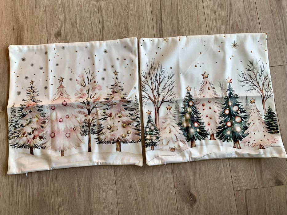 Dekoracyjne świateczne poszewki 45x45 pudrowy róż choinki
