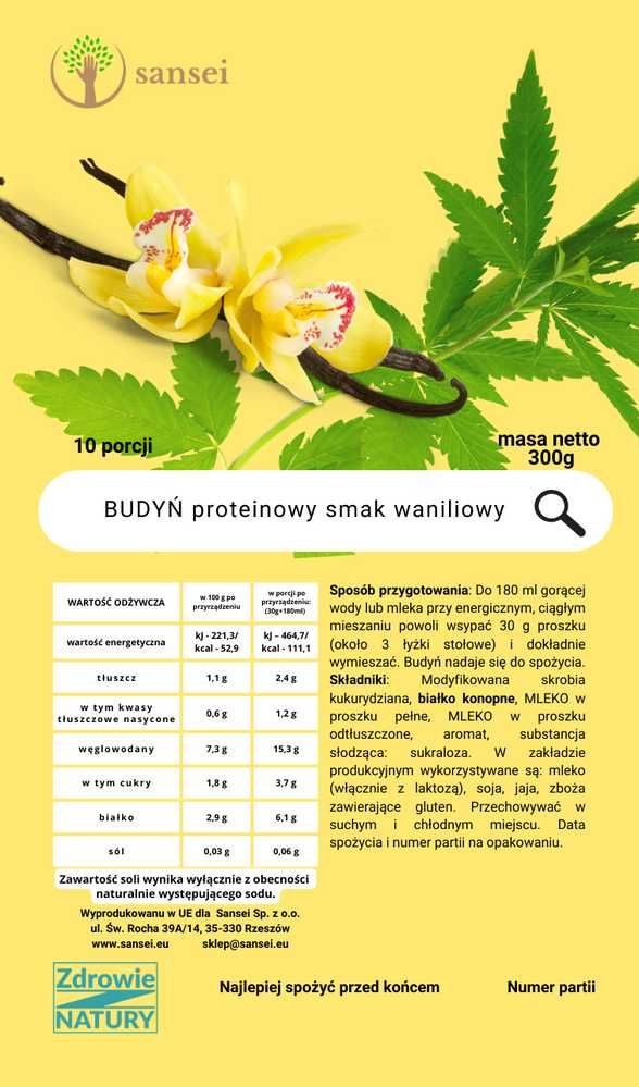 Budyń konopny SANSEI o smaku waniliowym 300g