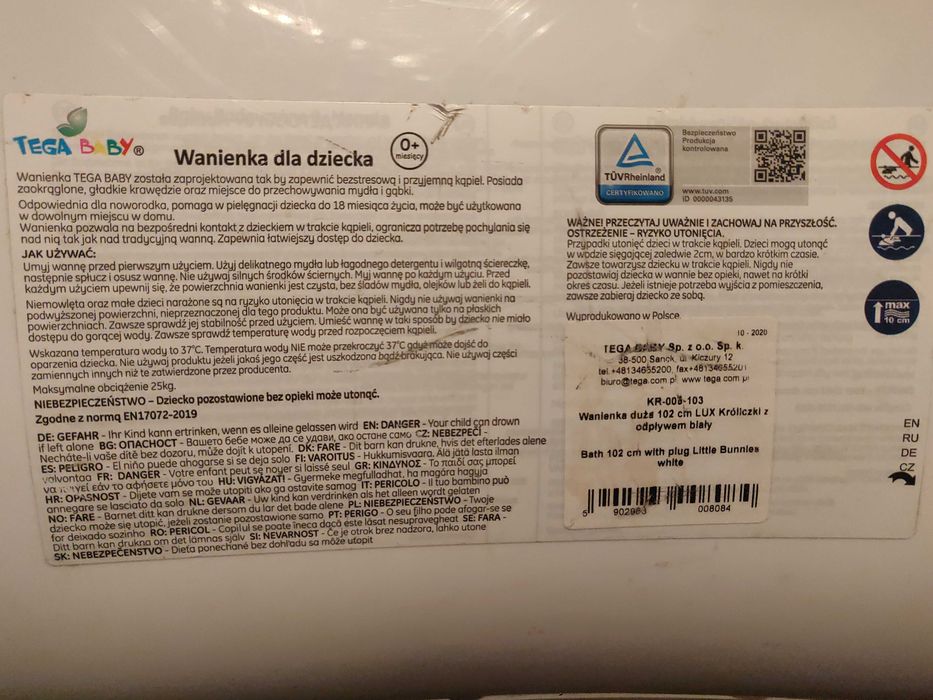 Wanienka dla niemowląt 102cm biała