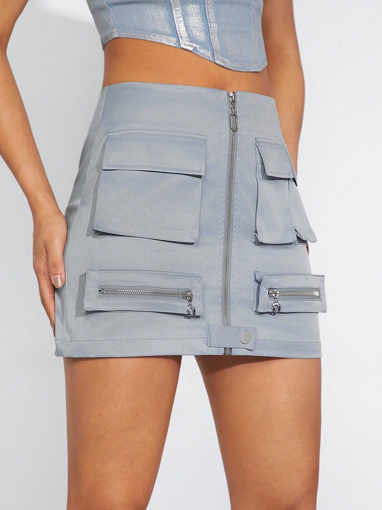 Spódniczka Mini Bojówka Sexy Obcisła Na Zamek Szara Casual Shein Xs 34