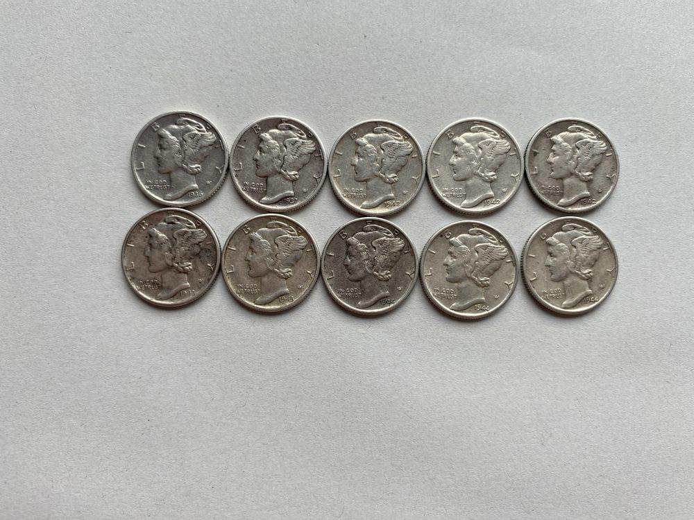 Zestaw 10x one merkury dime 1936-44 SREBRO