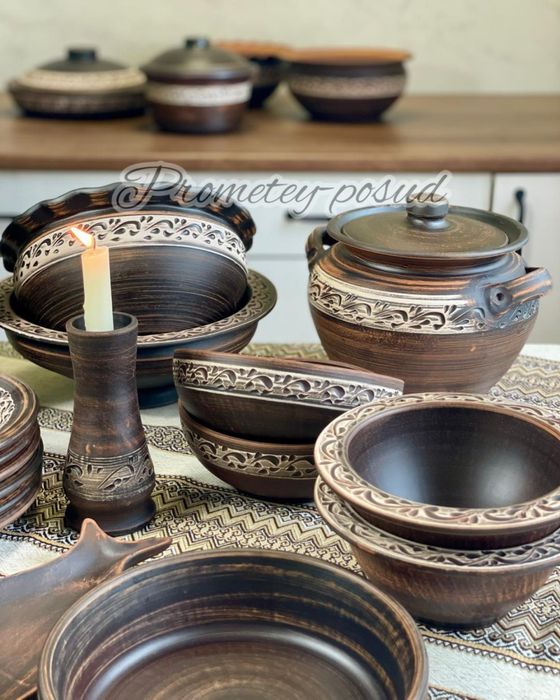 Набір глиняного посуду «Ангоб»,»Мак»,»Візерунок» на 4,6,8,12 осіб
