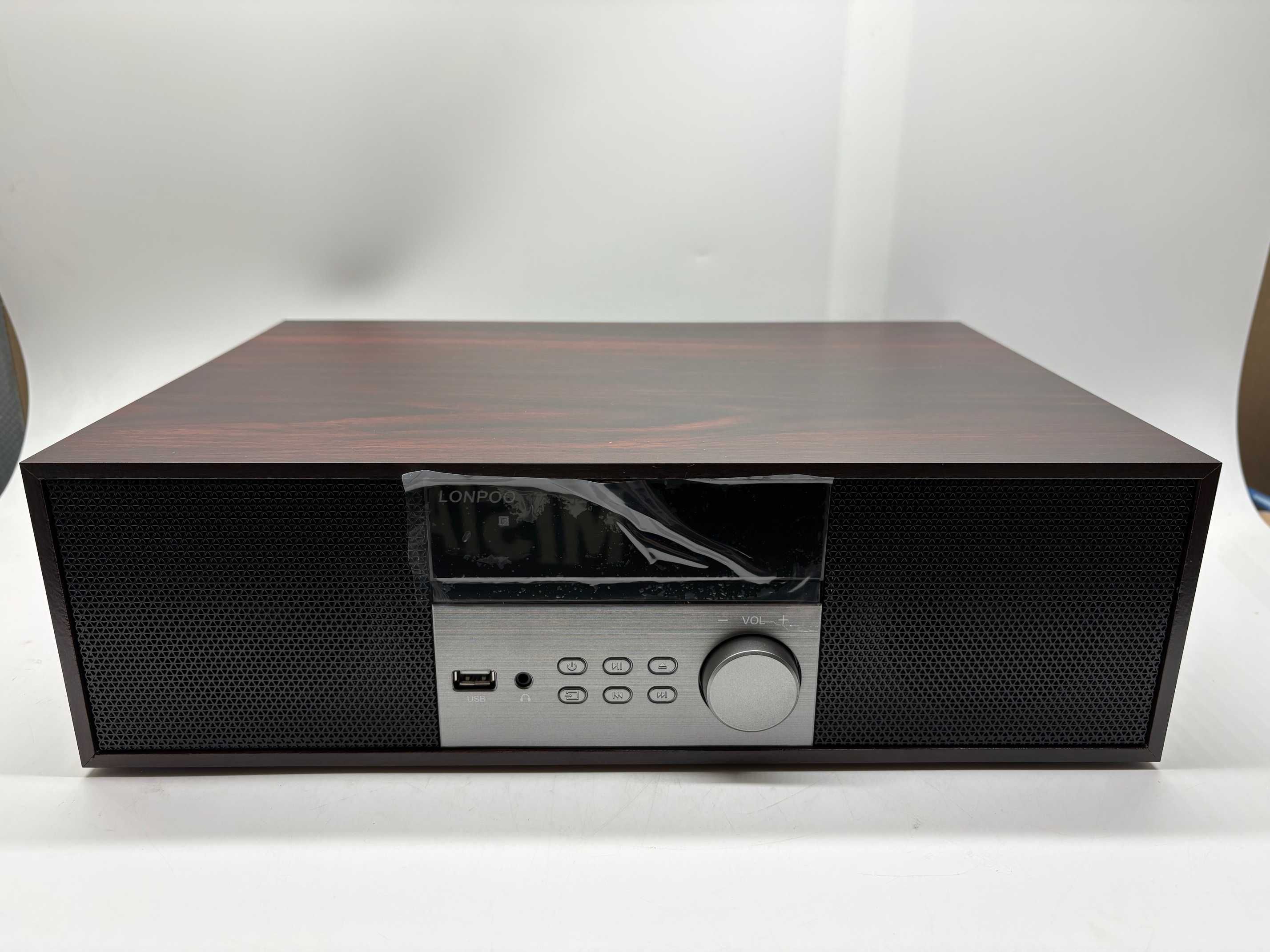 LONPOO Radio Wieża stereo Drewno HiFi CD Bluetooth FM USB AUX