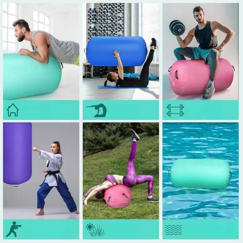 Mata gimnastyczna dmuchana Air Roll wałek 100x60 cm z pompką zielony