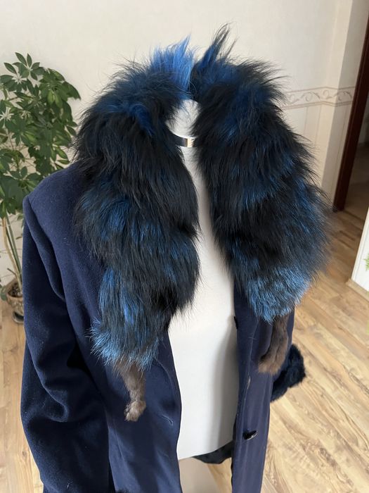 Płaszcz długi kaszmirowy wełniany 42 XL z futerkiem granatowy