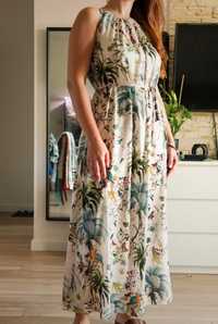 H&M śliczna długa kolorowa sukienka w kwiaty ptaki Boho wesele