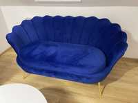 jak NOWE - Sofa i fotel muszelka, niebieski, chabrowy, zlote nóżki