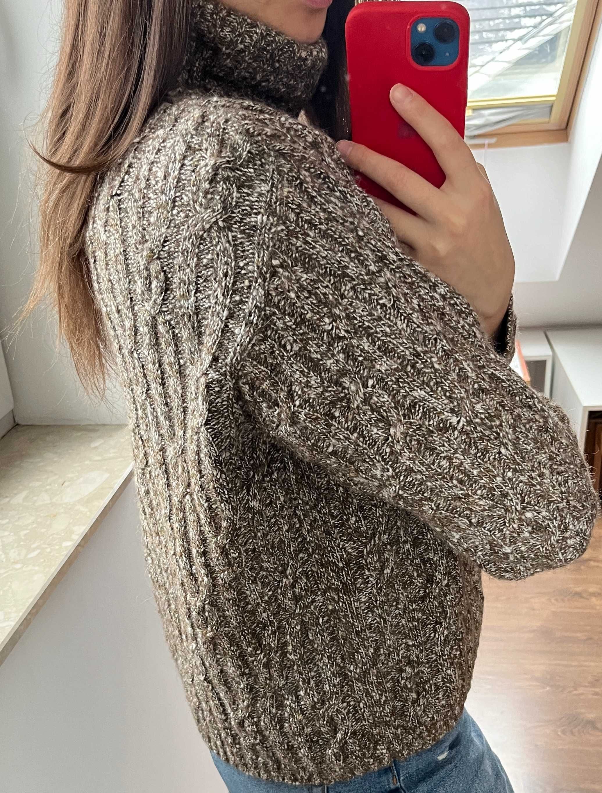 Wełniany vintage sweter z golfem, rozmiar L Gruby, ciepły sweter