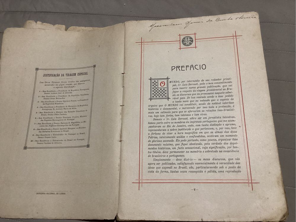 Livro antigo 1923 Duas Pátrias Visita do Presidente ao Brasil