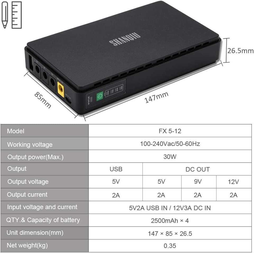 Мини ИБП SHANQIU для Wi-Fi роутера 37 Wh 10000 мАч, 5 V, 9V, 12V