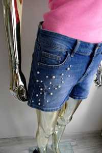Reserved jeansowe szorty z ozdobnymi perełkami M