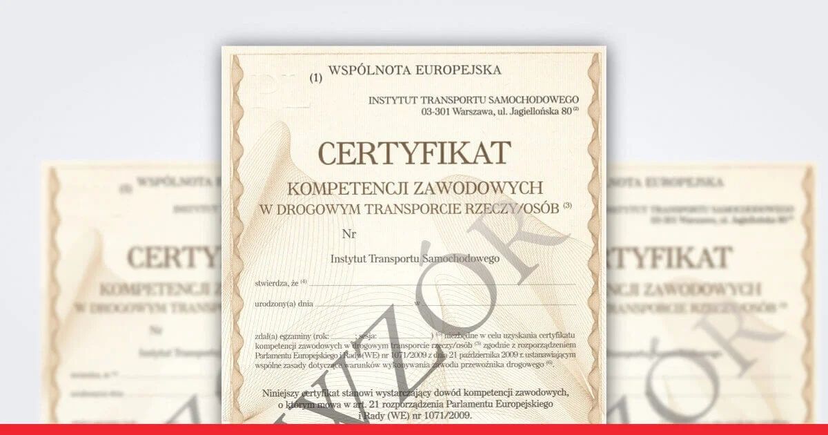 TANIO Certyfikat Kompetencji Zawodowych Międzynarodowy PRZEWÓZ RZECZY