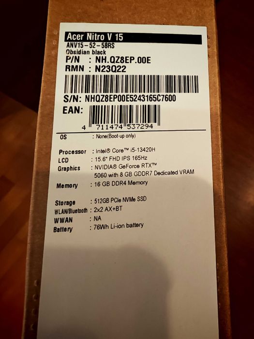 ACER Nitro V ANV15-52 15.6" IPS 165Hz i5-13420H 16GB 512GB SSD RTX5060