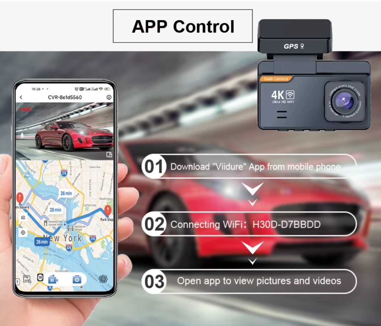 Rejestrator 4K FHD WiFi GPS ekran 3-cale 2-kamery sensor Sony G-sensor