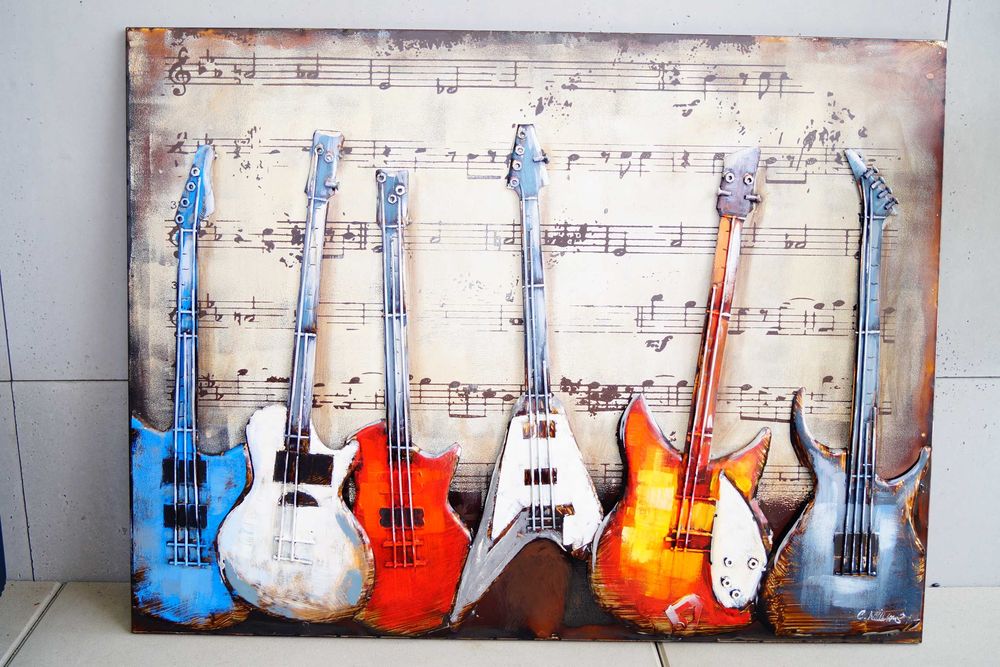 Duży metalowy obraz 3D gitary ręcznie malowany szyld