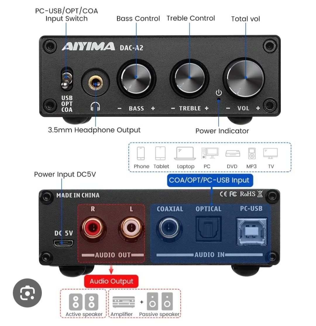 AIYIMA DAC-A2 DC5V mini dekoder audio DAC wzmacniacz słuchawkowy