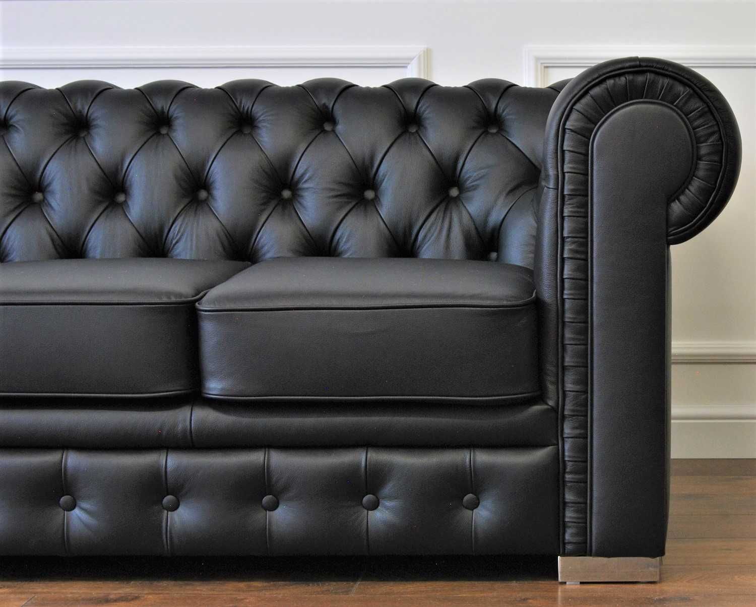 Pikowana sofa chesterfield skórzana 4-osobowa skóra naturalna czarna