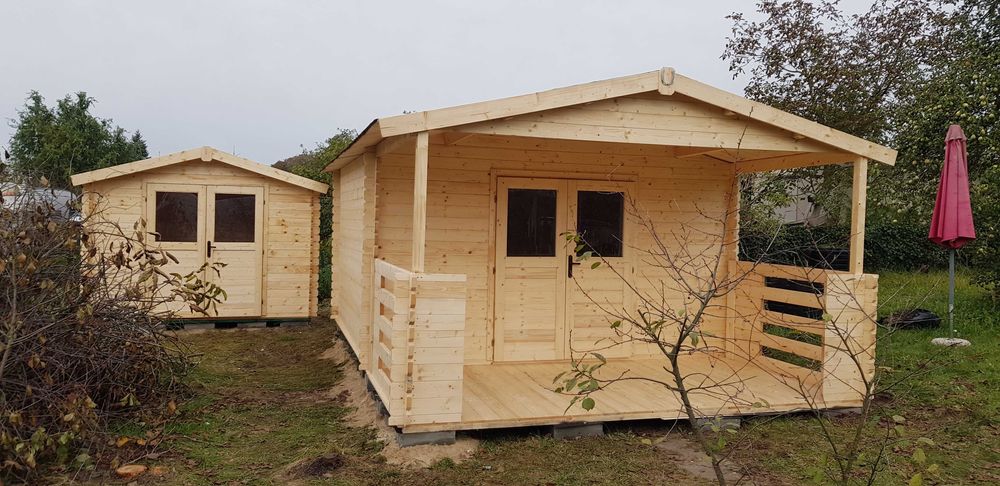 Od ręki DOMEK DREWNIANY letniskowy z TARASEM z balika 34 mm*6m x 4m*