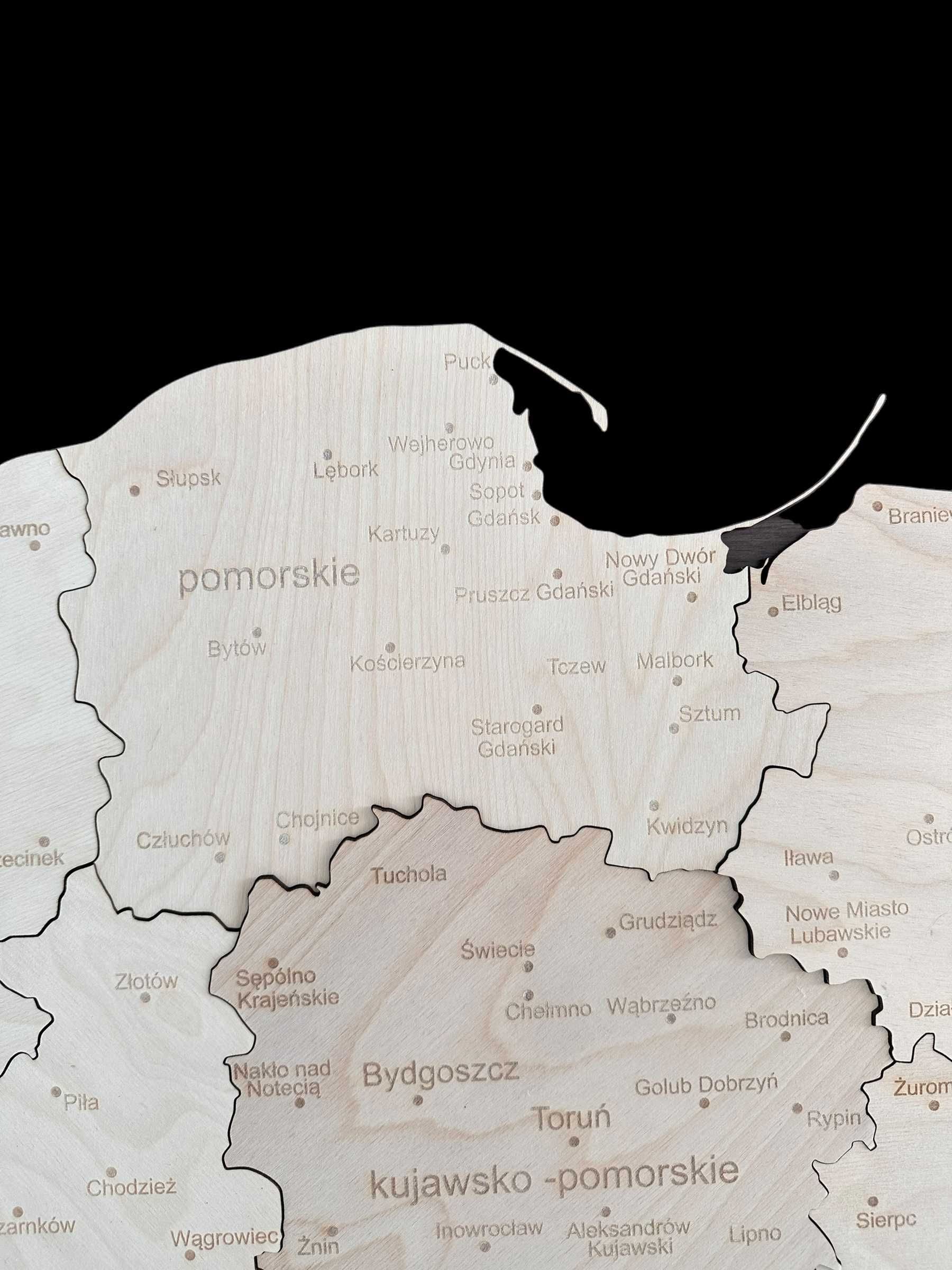 Drewniana nowa mapa Polski, województwa 160x160 cm, naturalna sklejka