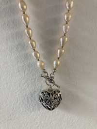 Naszyjnik perły + ażurowe serce srebrne