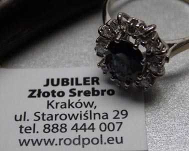 Pierścionek markiza szafir i diamenty białe złoto.