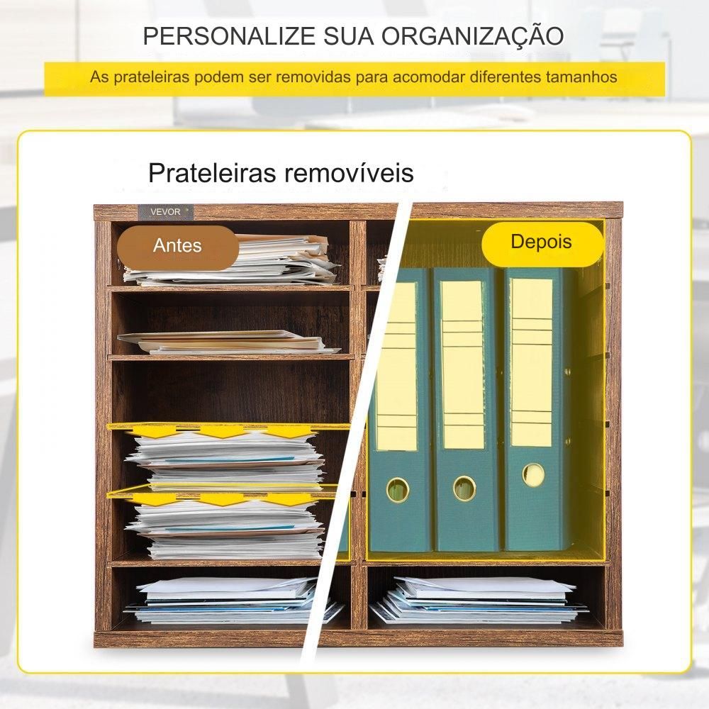Organizador de documentos  - 12 compartimentos, madeira