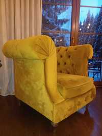 Chesterfield Złoto-musztardowe meble: Sofa + fotel