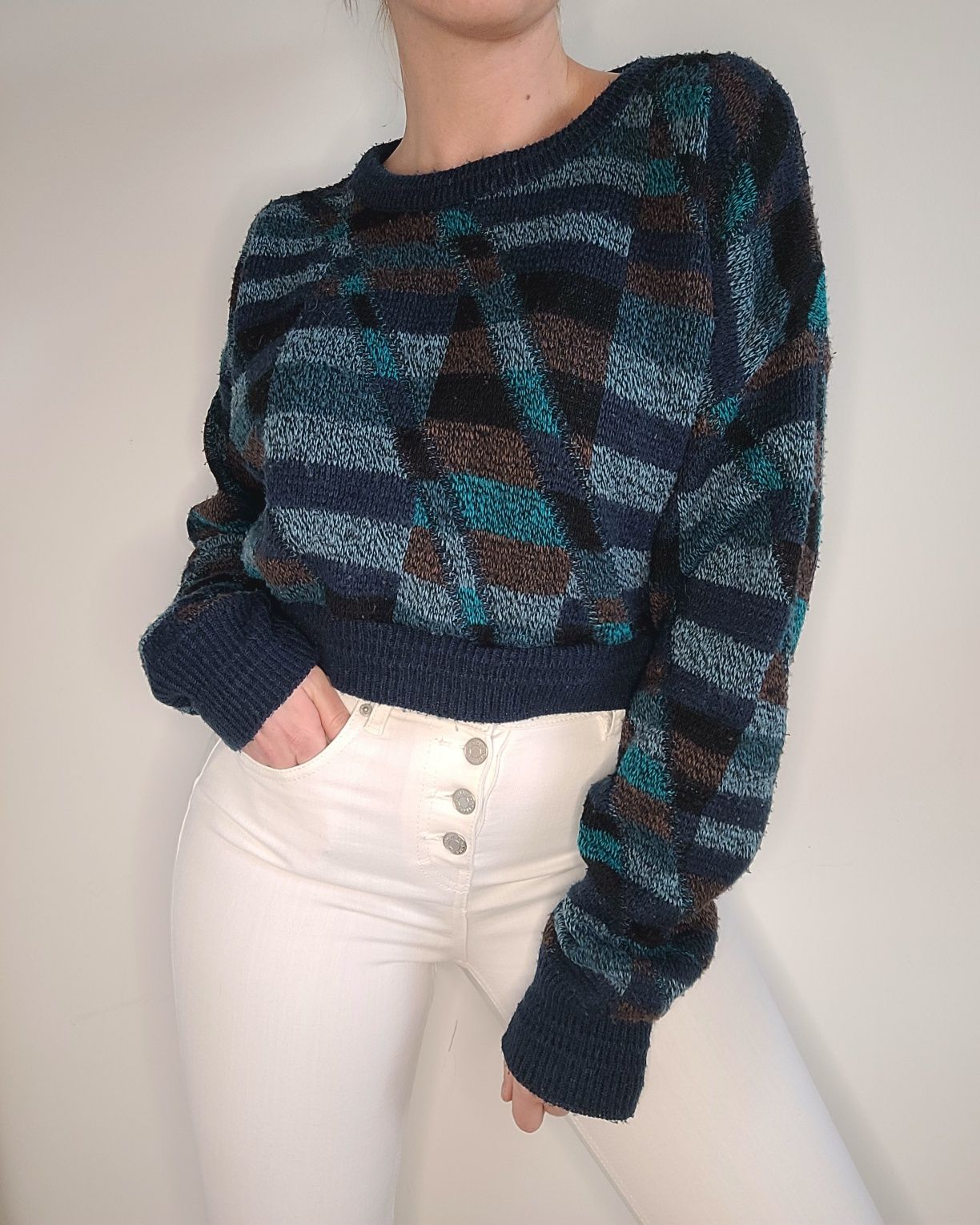 Wzorzysty sweter PRL klasyk crop top unikat vintage