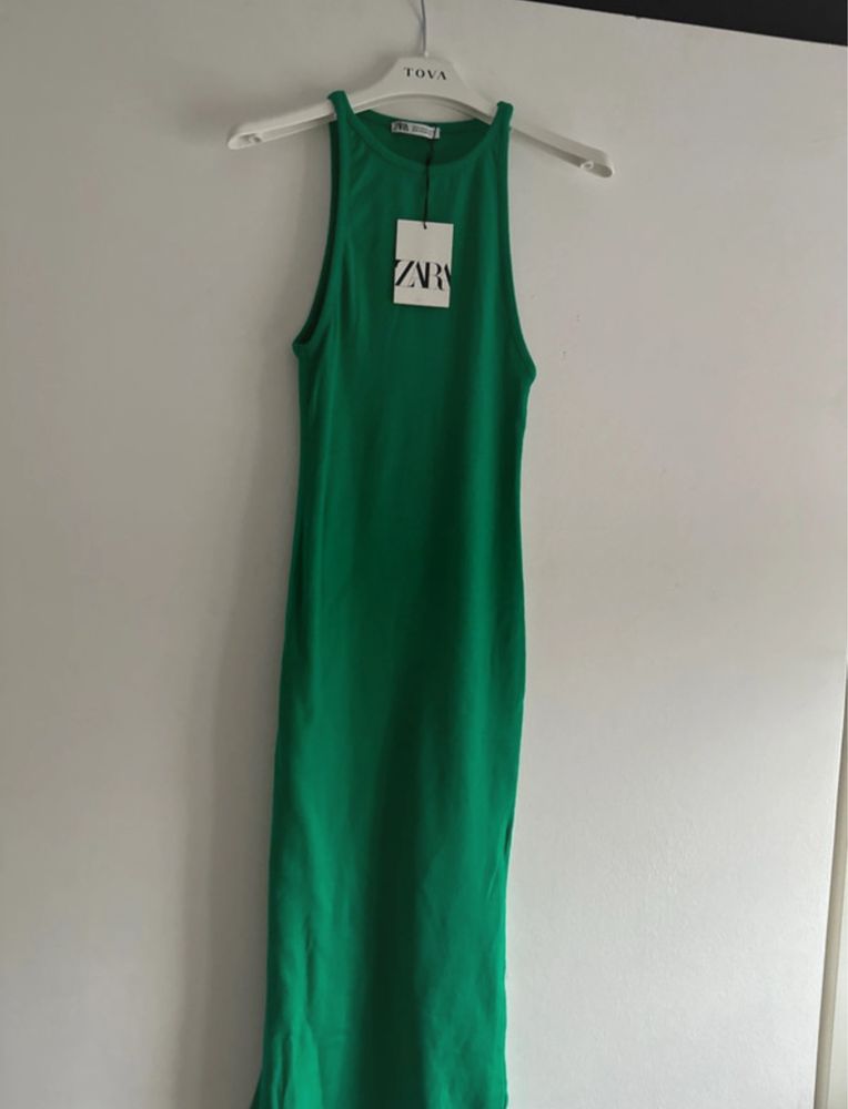 Zara sukienka midi w prazki dekold halter zielona bawełna S