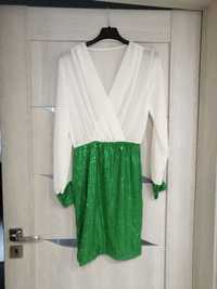 Nowa biało - zielona sukienka szyfon cekiny xs s m