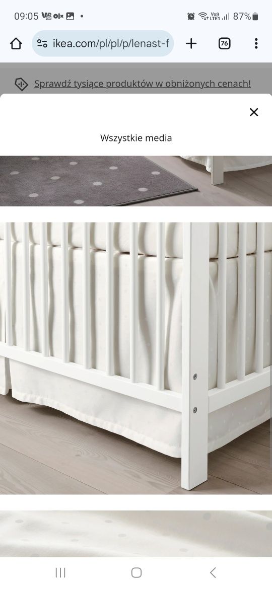 Łóżeczko 120x60 drewniane+przewijak+falbanka IKEA