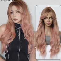 Синтетический парик с челкой (длинные волосы, блонд, розовый)
