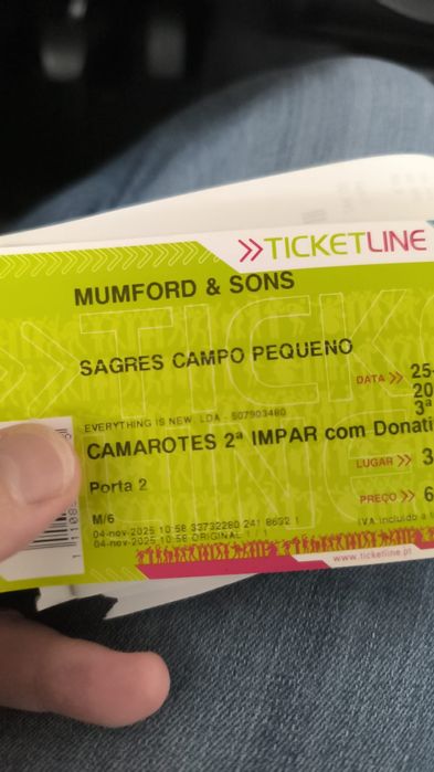 Vendo 1 bilhete para o concerto dos Munford and Suns dia 25 novembro