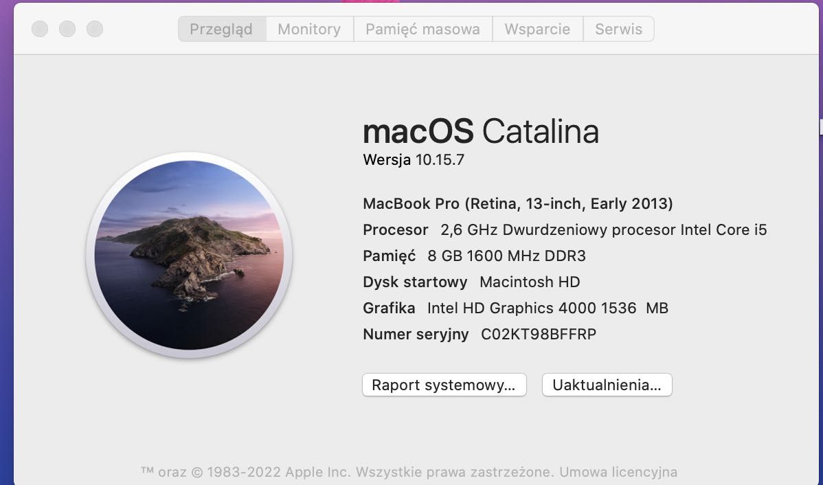 Macbook Pro 13 model Early 2013 pamięć 256 GB