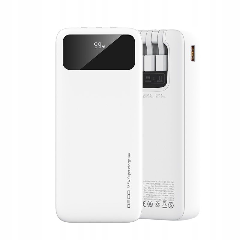 Szybki Powerbank 20000Mah 22,5W 3A Wbudowane Kable Usb-C Do Lightning