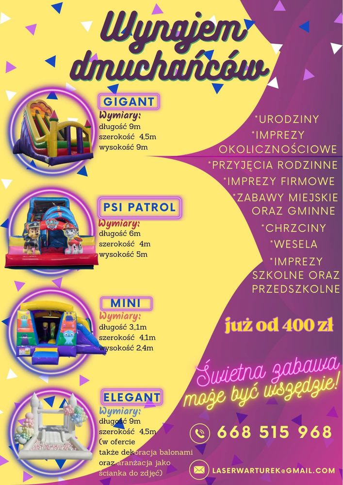 Atrakcje! Dekoracje! Paintball laserowy! Dmuchańce! Ścianki! Telefon!